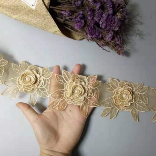 20Pcs/Lot Gold Rose Flower Leaf Pearl Lace Trim Applique Trimming Ribbon Embroidered Fabric Sewing Craft Wedding Decoration 10cm