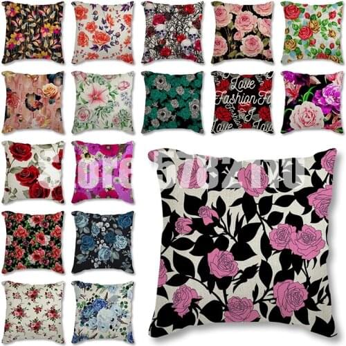 45x45cm Rose Flower Pattern Cartoon Linen Cushion Cover for Bed Pillows Cases Sofa Covers Living Decoration Cushion Pillowcase
