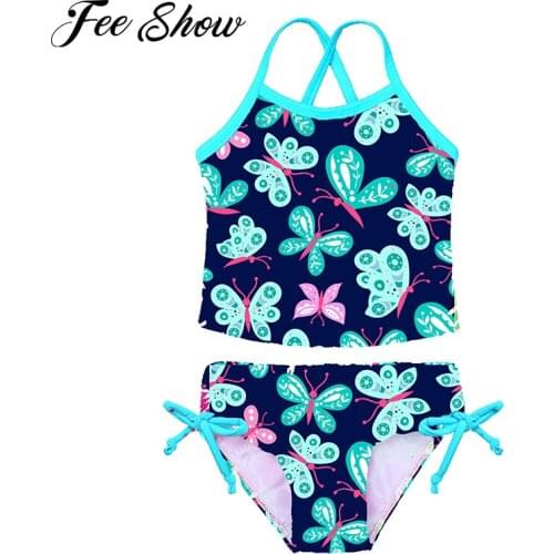 Kids Girls Tankini Sets Floral Printed Swimsuit Swimwear Bathing Suit Set Summer Swimming Tops with Tie Side Bottoms Beach wear