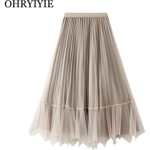 OHRYIYIE Women Long Maxi Tulle Skirts Female Irregular Velvet Midi Pleated Skirt Autumn Winter High Waist Reversible Skirt Lady