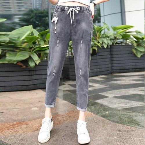 Elastic Waist Drawstring Baggy Jeans Stretch Hole Soft All-Match Ankle-Length Harem Pants Spring Summer Casual Denim Trousers