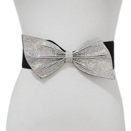 Luxury Designer Belts Black Fashion High Quality 2018 Wild Big Bow Elastic Wide Belt Super Shine Rhinestone Inlaid Belt Bg-840