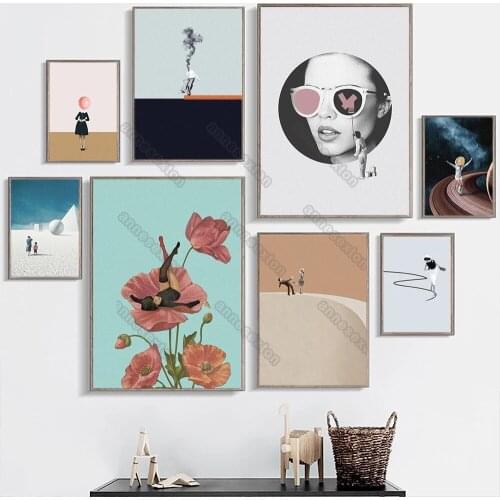 Nordic Style Canvas Painting Poster Charming Women Lying On Red Flowers Red Balloon Pair of Glass for Nursery Rooms Wall Decorat