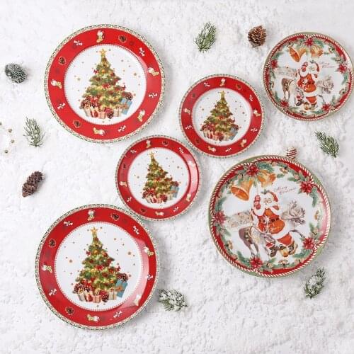 Ceramic 8 Inch 10inch Plates Set Christmas Santa Plate Edible Hand-painted Cartoon Flat Dish Home Deco Tray Christmas Gift 2pcs