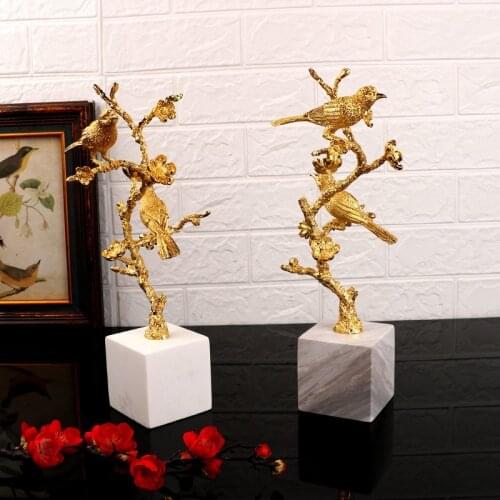 Chinese Marble Copper Color Bird Branch Metal Ornaments Home Lvingroom Figurines Decoration Office Desktop Accessories Crafts