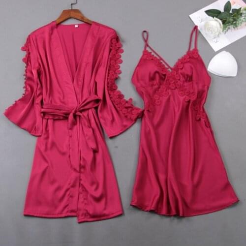 Spring Summer Women Robe & Gown Sets Sexy Satin Sleep Lounge Pijama Silk Nightwear Bathrobe+Night Dress Chest Pads