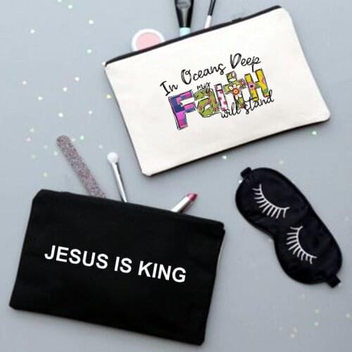 Hot Sale Jesus Is A King Faith Printing Women Cosmetic Bags Cute Casual Travel Portable Storage Handbag Makeup Bag Toiletry Bags