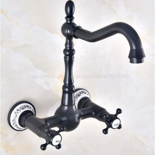 Oil Rubbed Bronze Wall Mounted Basin Faucets Bath Faucets Double Handle Dual Hole Bathroom Sink Washbasin Water Mixer Tap znf472