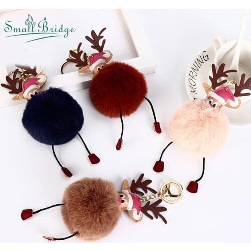 Creative Christmas Reindeer Keychains for Women Gift Claus Hair Ball Key Cute Trinket Pendant