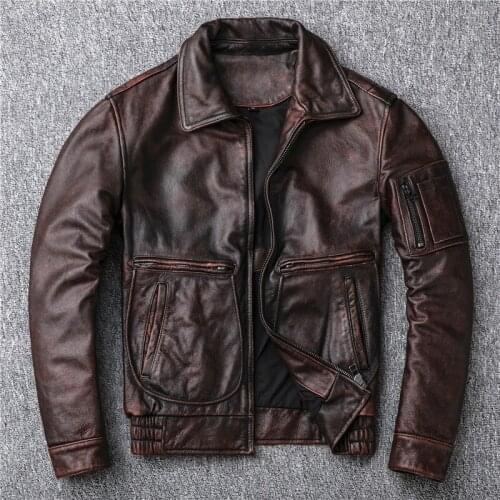 Genuine Leather Jacket Men Cow Leather Coat Vintage Motorcycle Jacket brown real cowhide veste cuir homme KJ4115