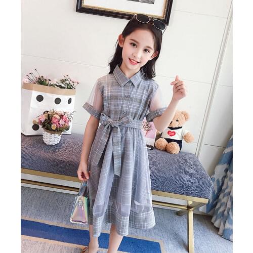2020 Summer Elegant Girls Casual Short Sleeve Plaid Dress With Belt FashionTeenager Patchwork Dresses 4 5 6 7 8 9 10 12 14 Years