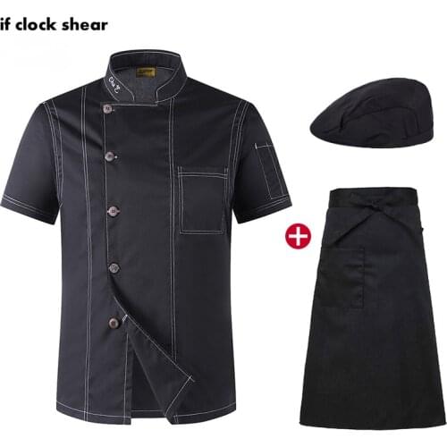 Unisex catering work clothes Short Sleeve Restaurant kitchen uniforms chef Jacket Hat Apron black shirt men chef M-4XL wholesale