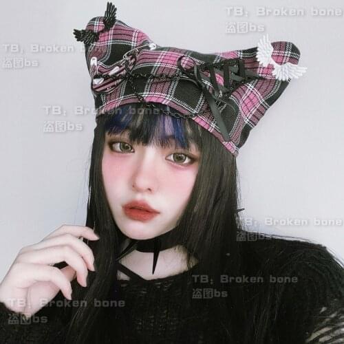 Ruibbit Hot Girl Punk Japanese Harajuku Girls Pink Plaid Cute Ear Hair Hat Plus Chain Women Caps Chic Streetwear Y2k