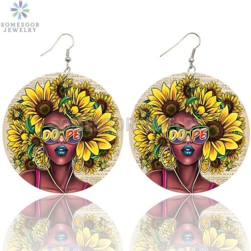 SOMESOOR Dope Sunflower Afro Natural Hair Printed Wooden Drop Earrings Bohemian Loops Dangle Accessories Jewelry For Women Gifts