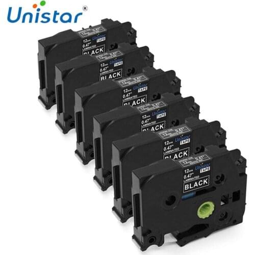 Unistar 6 Pack TZe-335 Compatible for Brother Label Tape White on Black Laminated Label Tapes Sticker Printer tze 12mm tze335