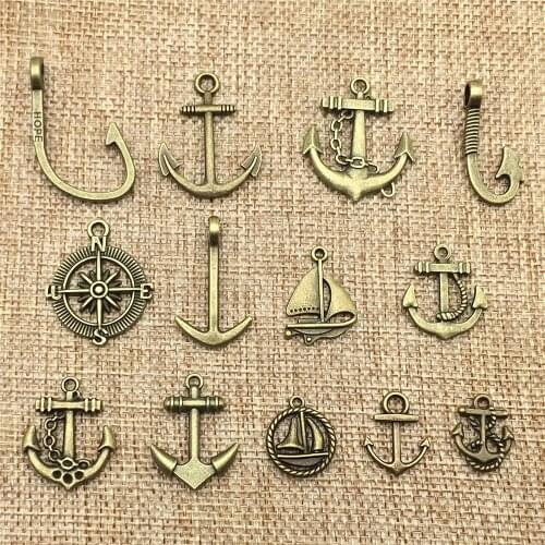 10Pcs 20Types Vintage Rudder Charms Antique Bronze Alloy Metal Compass Boat Sailing Pendant Jewelry Diy Handmade Making