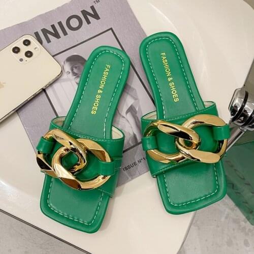 Women Summer Sandals Slippers Metal Decorative Square Head Flat Heel Female Outdoor Beach Casual Luxury Sexy Plus Size Slides