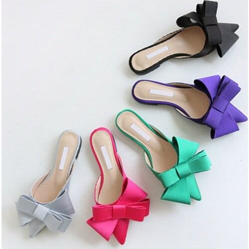 US4-11 Womens Pointed Toe Big Bowknot Silk Satin Slipper Mules Flip-flops Flats Shoes Summer Plus Size 5Colors C565