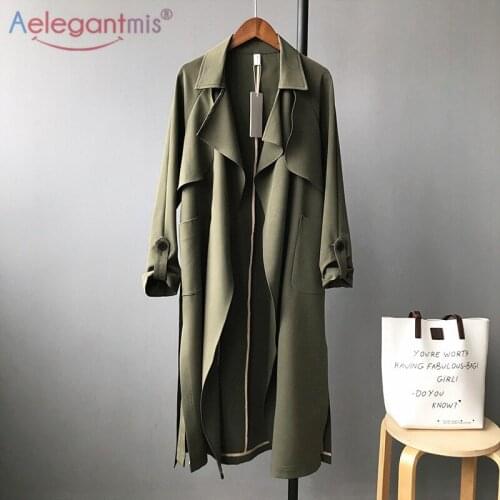 Aelegantmis Korean Lapel Loose Oversized Trench Coat for Women Fashion Street Female Long Trench Coat Autumn Winter Windbreaker