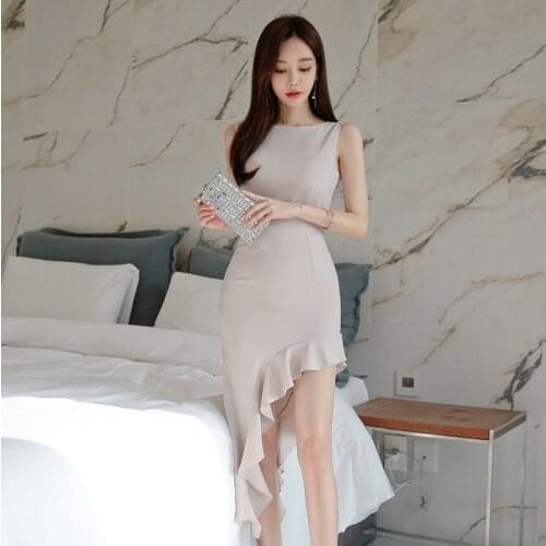 New arrival women fashion bodycon dress temperament korean style summer elegant ruffles office lady sexy club asymmetrical dress