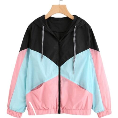 Women Long Sleeve Zipper Pockets Casual Sport Coat multi Color cut and sew windbreaker with hood Color block Coats
