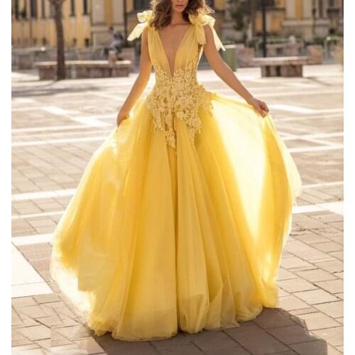 Yellow Long Tulle Crystals Appliques Prom Dresses Double V Neck Sleeveless Formal Evening Dress Robe De Soiree