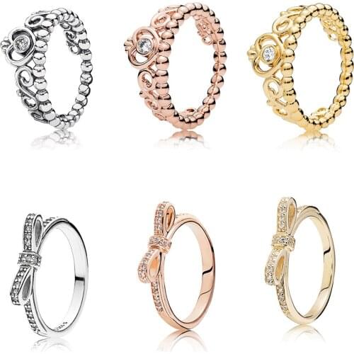 High Quality Classic Sterling Silver 925with Cubic Zirconia Rose Sparkling Bow, Women Vermeil Themedring Original Ladies Jewelry