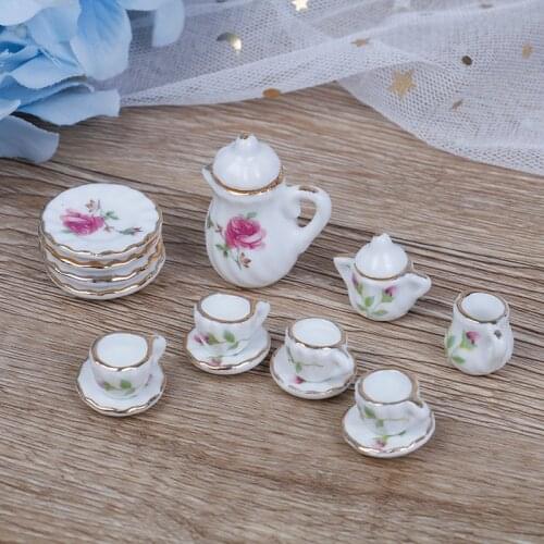 15PCS New 1/12 Miniature Doll House Pink Flower Patten Porcelain Coffee Tea Cups Ceramic Tableware Dollhouse Kitchen Decor Props