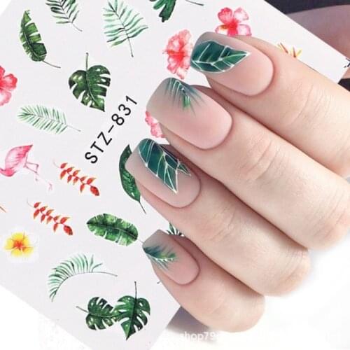 2 Pcs/lot Water Nail Decal and Sticker Flower Leaf Tree Green Simple Summer DIY Slider for Manicure Nail Art Watermark Manicure