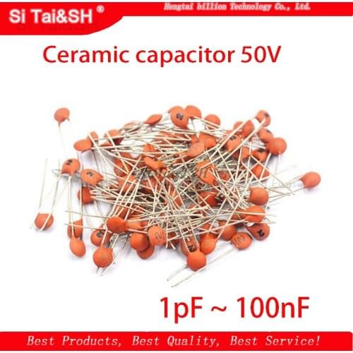 200pcs Ceramic capacitor 50V 1pF ~ 100nF 104 4.7PF 10PF 22PF 33PF 47PF 100PF 101 220PF 221 330PF 331 470PF 471 1NF 103 47NF 473
