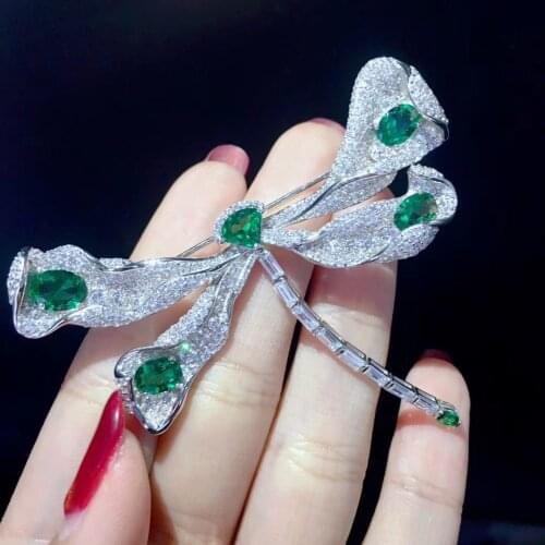 Green color 925 sterling silver with cubic zircon dragonfly brooch pins fine women jewelry free shipping