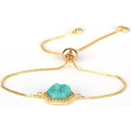 Dankaishi Pentagan Shape Nature Stone Charm Bracelet Adjustable Link Chain Bracelet Metal Gold Color Chain Natural Stone