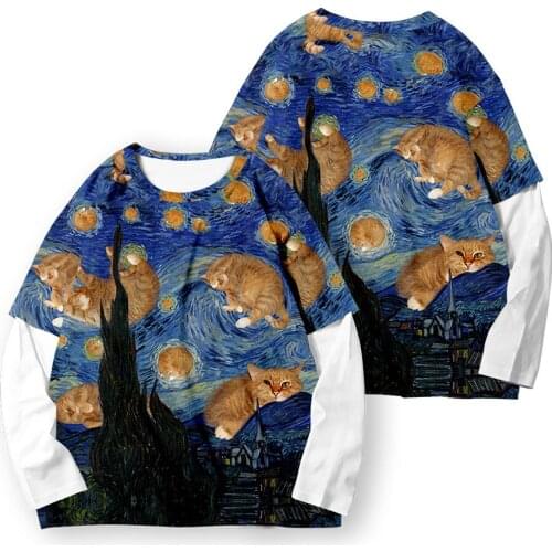 Men Women Harajuku Fashion Printing Fake Two Pieces Streetwear Loose Long Sleeve T-shirt Clothes Large Size XXS-6XL