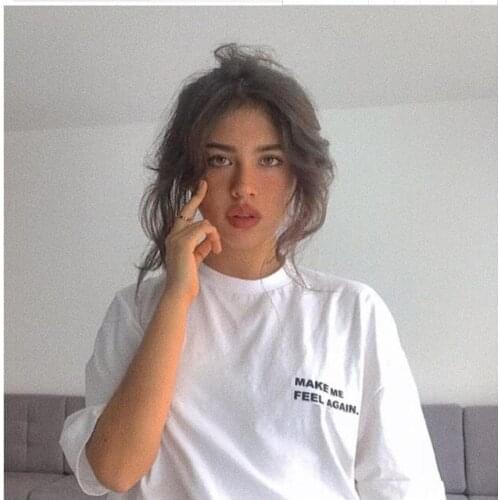 Make me feel again Letter Print Women tshirt Cotton Casual Loose Summer Beach Oversized t shirt Gift 90s Lady Girls White Black