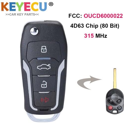 KEYECU Upgraded Flip Remote Car Key for Ford Focus Transit Connect C-MAX Escape F-350, Fob 4 Buttons - 315MHz - 4D63 80 Bit Chip