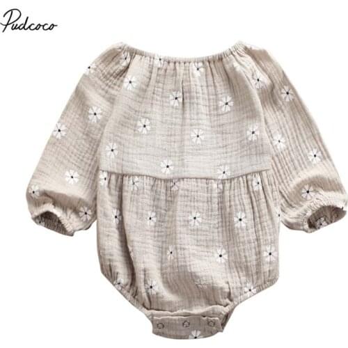 2019 Baby Spring Autumn Clothing Newborn Infant Baby Girls Cotton Linen Long Sleeves Off Shoulder Floral Bodysuit Jumpsuit 0-24M