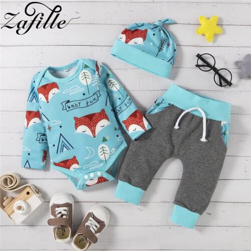 ZAFILLE Blue Fox Baby Boy Clothes Set Winter Cartoon Babys Rompers Bodysuit+Pants+Hats Newborns Kids Outfits Winter Boy Set
