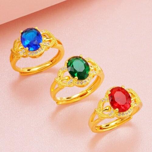 Red/Green/Blue Zircon Prong Settiing Womens Ring Yellow Gold Filled Beautiful Finger Band Ring Size Adjust