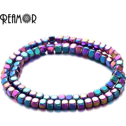 REAMOR Colorful Double Layers Hematite Stone Bracelets Men Jewelry Square Natural Stone Adjustable Stretch Beaded Bracelet Women