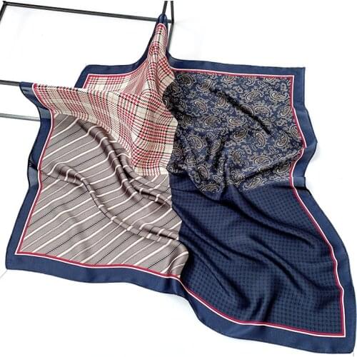 Square Wrap Scarf Vintage Female Spring Soft Silk Stripe Foulard Stole Gird Designer Bandana Headwear Faux Silk Neckerchief 70cm