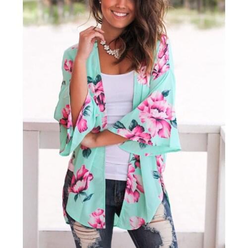 Summer Bikini Cover Up Women Open Front Cardigan Flower Print Three Quarter Sleeve Swimsuit Cover Soft Light Beachwear