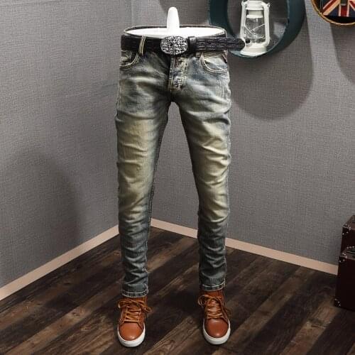 Italian Style Fashion Men Jeans Retro Yellow Blue Distressed Wash Elastic Slim Fit Designer Jeans Men Vintage Cotton Denim Pants