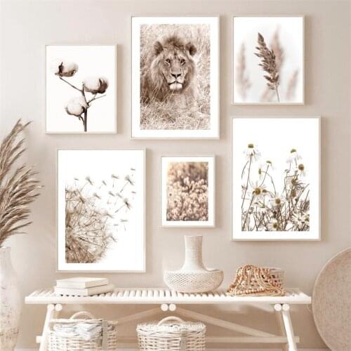 Cartoon Lion Deer Flower Reed Dandelion Cotton Beige Wall Art Canvas Painting Nordic Posters Prints Pictures Living Room Decor