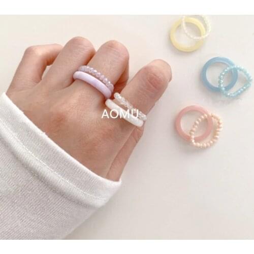 AOMU 2021 Vintage Resin Ring Set Korea Spring Colorful Crystal Beads Resin Rings for Women Party Jewelry Gifts