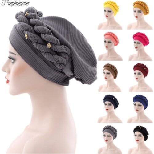 Solid Color Women Turban Braid Muslim Islamic Elastic Bonnet Hat Beanie Headscarf Hair Loss Cover Headwrap Indian Baggy Caps