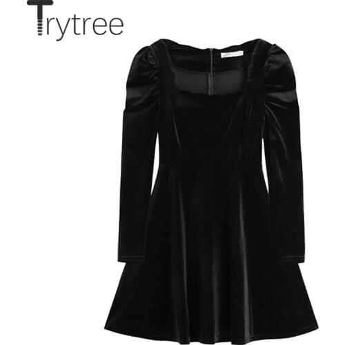 Trytree 2021 Autumn Winter Womens Dress Casual Kawaii Long Sleeve Puff Solid Corduroy Black Dress A-line Elegant Party Dresses