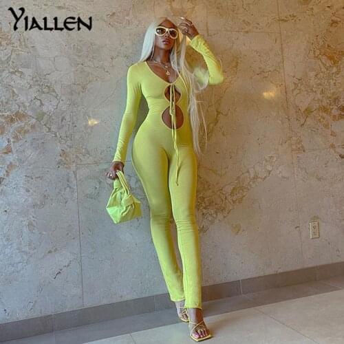 Yiallen Autumn Solid Fashion Slim Jumpsuits Women Long Sleeve V Neck Sexy Hollow Out Street Casual Elastic Long Pants Rompers