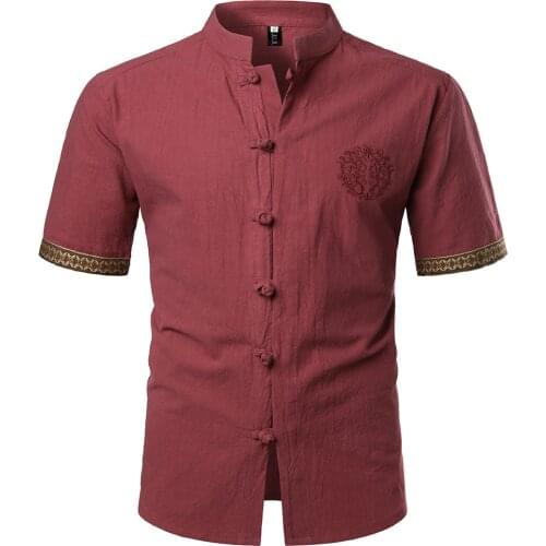 Chinese Style Cotton Linen Shirts Men Summer Short Sleeve Embroidery Tangsuit Stand Collar Mens Floral Kung Fu Shirt Chemise 5XL