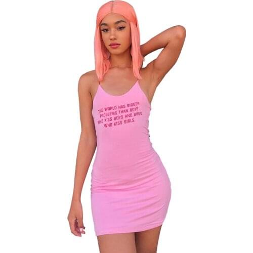 Ladies Summer Solid Color Letter Sling Slim Bag Hip Mini Dress Fashion Spaghetti Strap Strapless Sexy Bodycon Dress