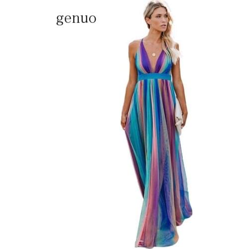Women Backless Sexy Dress Casual V Neck Rainbow Striped Print Summer Dress Vintage Chiffon Maxi Dress Elegant Vestidos